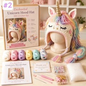 May include: An Enchanted Unicorn Hood Hat DIY Crochet Kit including a cream-colored unicorn hat with a gold horn, pastel yarn, a crochet hook, a printed instruction booklet, a thank you card, decorative beads, and a bag of white stuffing material.