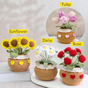 Adorable Handmade Crochet Sunflower/Rose/Tulip/ Daisy,Crochet Flower in Pot,Crochet Potted Plant,Crochet Decor,HomeTable Decor,Gifts for her