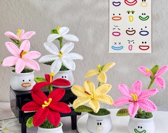 Adorable Crochet Lily Potted Plant,Funny Emoji Stickers for Plant Pot,Crochet Lily,Cute Gift for Friends/Teacher/Coworker,Crochet Desk Decor