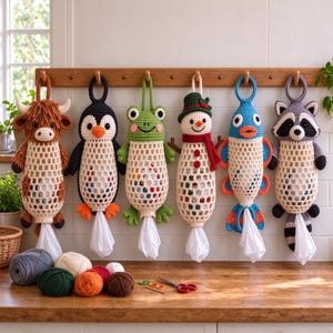 May include: Six crocheted animal-themed plastic bag holders hang from a wooden rack. The designs include a brown highland cow, a black and white penguin, a green frog, a snowman, a blue fish, and a gray raccoon, each with a cream-colored mesh body.