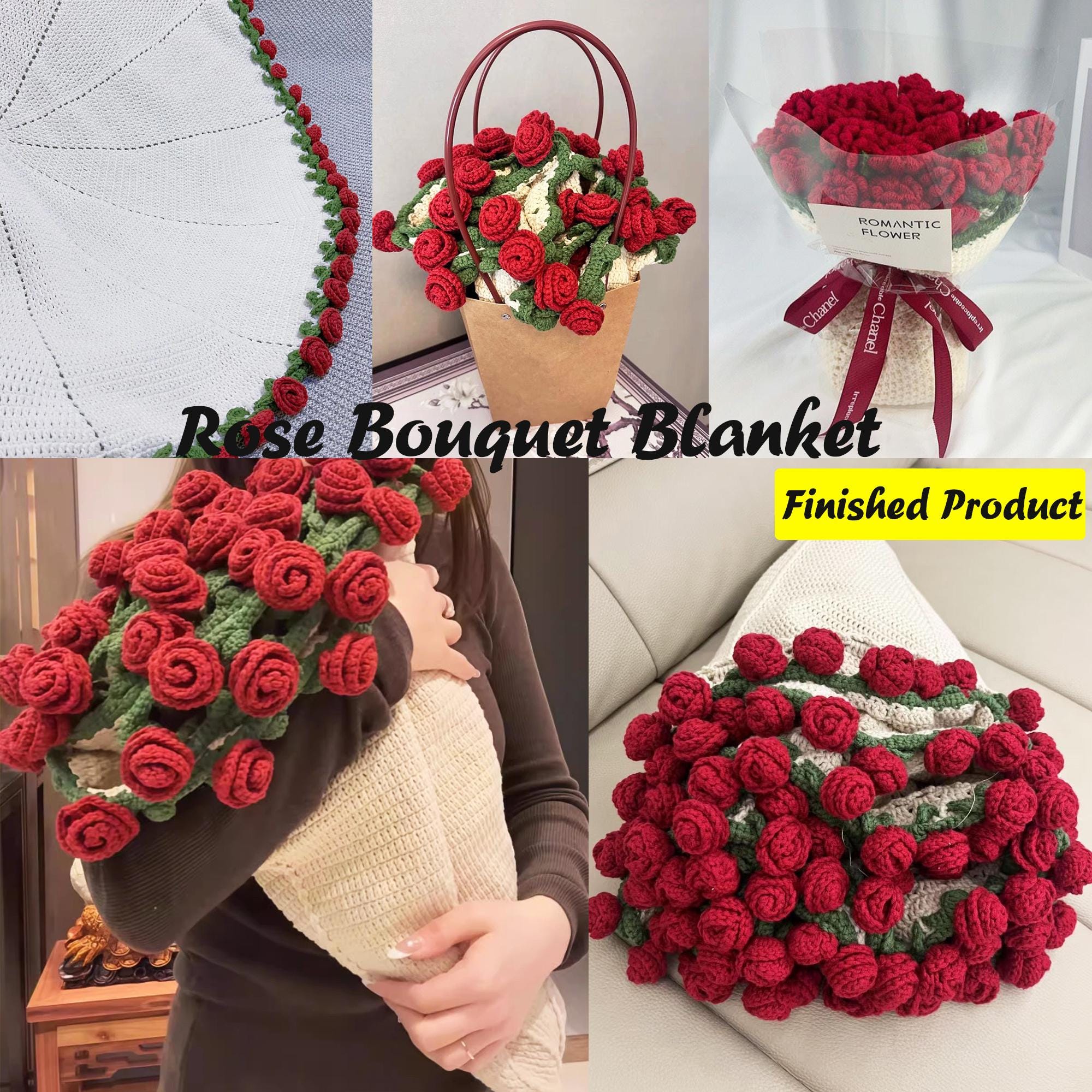 サプライズクロシェローズブーケブランケット、ハンドメイド完成品