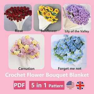 5 in 1 Strauß Decke Muster PDF, Häkeldecke Sonnenblume/Rose/Nelke/Vergissmeinnicht/Maiglöckchen Häkeldecke, einfache Häkelanleitungen