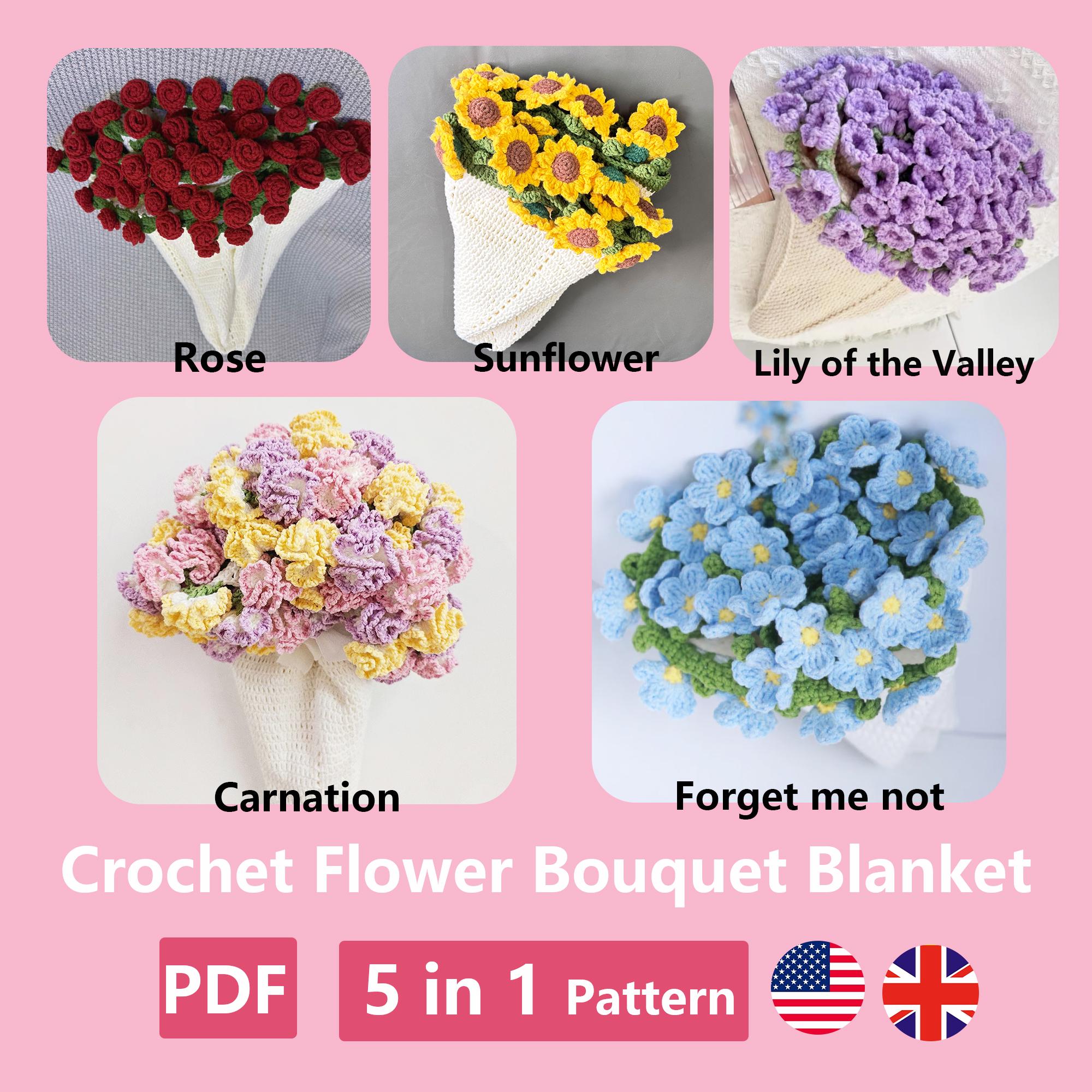 5 in 1 Bouquet Blanket Patterns PDF,Crochet Sunflower/Rose/Carnation/Forget me not/Lily of the Valley Bouquet Blanket,Easy Crochet Patterns