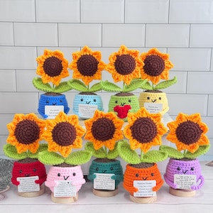 Personalized Crochet Sunflowers,9 Colors Flower Pots,Emotional Support Plant,Thank You Gift for Teachers/Parents/Friend/Colleague,Free Base