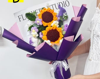 Handmade Crochet Bouquet with Lights,Crochet Sunflower/Rose Bouquet,Mother's Day/Birthday /Graduation Gift,Bouquet Gifts,Handmade Gift Idea