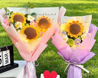 Crochet Sunflower Rose Bouquet, Handmade Knit Flower Gift for Mom, Girlfriend, Best Friend, Unique Birthday/Mother's/Teacher's Day Present