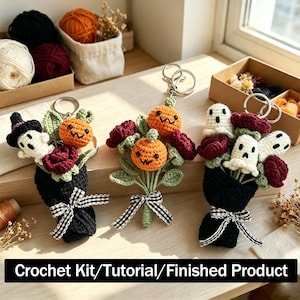 May include: Three handmade crochet keychains featuring Halloween themes. Each bouquet includes small crocheted pumpkins, ghosts, and dark red roses wrapped in black yarn with a black and white gingham ribbon. Text reads: Crochet Kit/Tutorial/Finished Product.