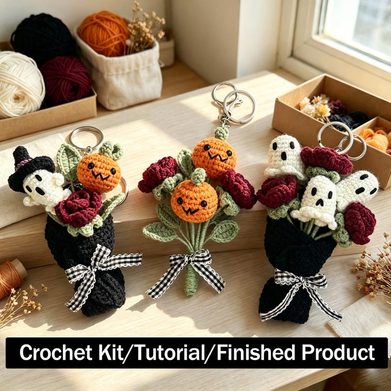 May include: Three handmade crochet keychains featuring Halloween themes. Each bouquet includes small crocheted pumpkins, ghosts, and dark red roses wrapped in black yarn with a black and white gingham ribbon. Text reads: Crochet Kit/Tutorial/Finished Product.
