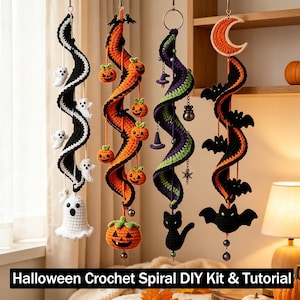 Halloween-Häkel-Windspiel-Set mit Spirale, Geister-Kürbis-Fledermaus-Schwarzkatzen-Hängedekoration, anfängerfreundliches, handgemachtes Deko-Geschenk