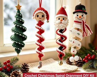 May include: Four hanging crochet Christmas ornaments featuring a green tree, an elf, Santa Claus, and a snowman, each with a spiral body. The text reads: Crochet Christmas Spiral Ornament DIY Kit, Christmas Tree, Snowman, Santa Claus, Christmas Elf.
