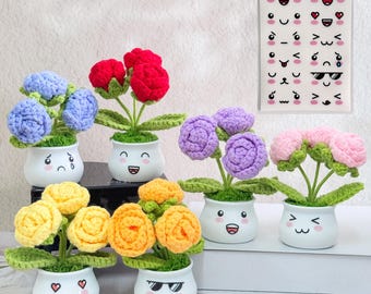 Adorable Crochet Rose Potted Plant,Funny Face Plant Pot,Crochet Potted Flowers,Crochet Roses,Birthday Gift,Thank you Gift,Funny Desk Decor