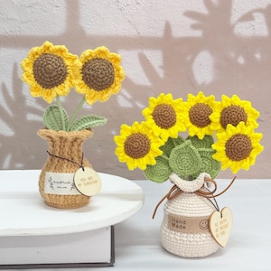 Adorable Handmade Crochet Sunflower in pot,Custom Engraved Text Gift,Crochet Sunflower Gifts for her,Custom Birthday Gift,Crochet Desk Decor