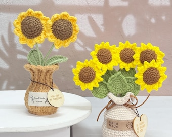 Adorable Handmade Crochet Sunflower in pot,Engraved Text Gift,Crochet Sunflower Gifts,Custom Mother's Day Birthday Gift,Cute Desk Decor