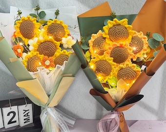 Mother’s Day Sunflower Bouquet with Lights,Handmade Finished Bouquet,Crochet Sunflowers,Birthday /Anniversary/Graduation Gift,Gift for her