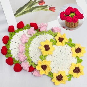 Handgemachter gehäkelter Blumenstrauß-Untersetzer-Sonnenblume / Rose / Maiglöckchen / Vergissmeinnicht-Untersetzer, Blumentopf-Untersetzer, Muttertagsgeschenk für Sie
