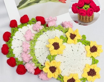 Handmade Crochet Flower Bouquet Coaster-Sunflower/Rose/Lily of the Valley/Forget me not Coaster,Flower Pot Coaster,Mother&#39;s Day Gift for her