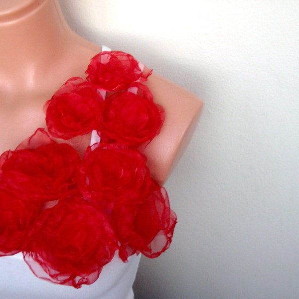 Organza Red Fabric Flowers Aplique sewn Set of 8 pcs different size