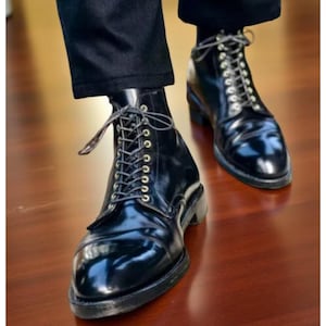 Handmade Men&#39;s Black Leather Cap Toe Oxford Dress Boots