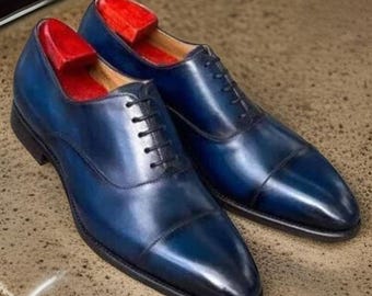 Zapatos Oxford de vestir de cuero genuino azul hechos a mano para hombre