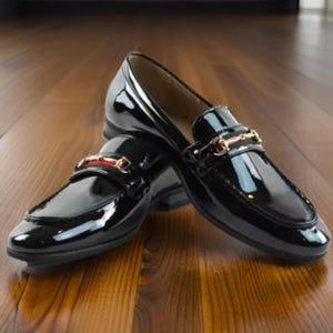 Handmade Men&#39;s Black Patent Leather Loafers with Gold Buckle – Formal Slip-On Dress Shoes