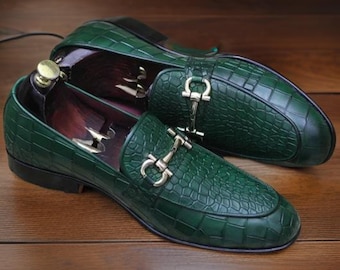 Handmade Men’s Green Corocodle Textured Leather Loafers – Slip-On Dress Shoes