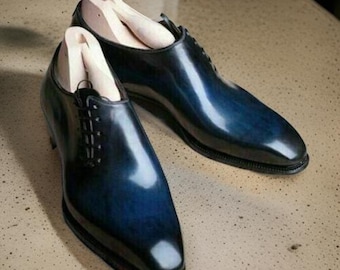 Men's Handmade Blue Leather Oxford Shoes: Side Lace-Up
