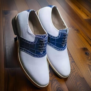 Men&#39;s Handmade White and Blue Leather Lace Up Dress Shoes  Elegant & Versatile