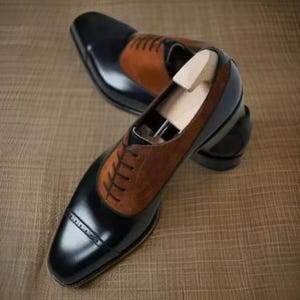 Handmade Men&#39;s Black Leather & Brown Suede Oxford Dress Shoes