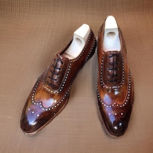 Handmade Men&#39;s Brown Oxford Wingtip Brogue Leather Shoes