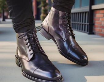 Handmade Black Leather Ankle Boots for Men – Derby Lace Up Dress Boots