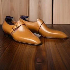 Handmade Tan Leather Monk Strap Dress Shoes for Men