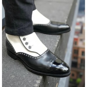Handmade Men’s Black & White Leather Brogue Ankle Boots – Formal Side Button Dress Boots