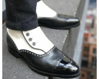 Handmade Men’s Black & White Leather Brogue Ankle Boots – Formal Side Button Dress Boots