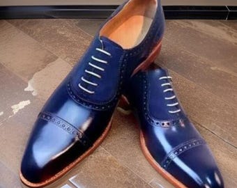 Zapatos Oxford de cuero y ante azul hechos a mano para hombre