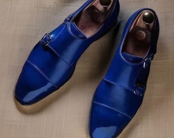 Handmade Men's Genuine Blue Leather Double Monk Strap Dress Shoes