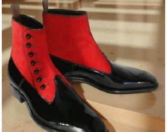 Handmade Men’s Red and Black High Ankle Dress Boots – Suede & Real Leather