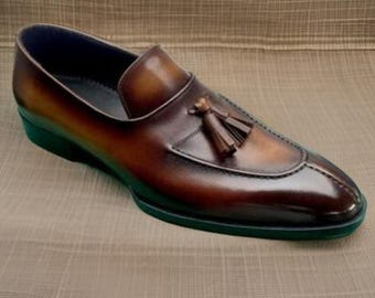 Handmade Men's Brown Leather Tassel Loafers – Elegant Slip-On Dress Shoes