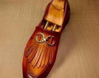 Handmade Brown Leather Fringed Moccasin Dress Shoes