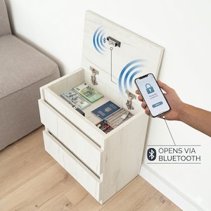May include: A white wood-grain nightstand with a top compartment that opens via Bluetooth. The open lid reveals a storage area containing currency, a passport, and jewelry. A smartphone displays a lock icon and the text Bluetooth Connected.
