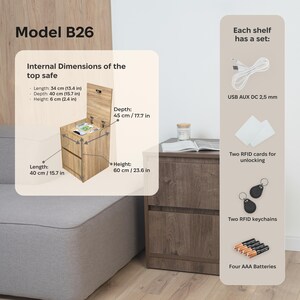 May include: Model B26 nightstand with a top safe, measuring 15.7 inches long, 17.7 inches deep, and 23.6 inches high. Includes a USB AUX DC 2.5 mm cable, two RFID cards, two RFID keychains, and four AAA batteries for the electronic locking system.