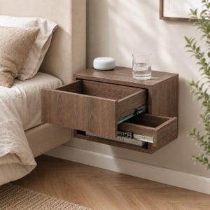 Può includere: Un comodino sospeso a parete con finitura in venature di legno scuro. L'unità presenta due cassetti aperti con binari di scorrimento in metallo visibili. Sulla superficie superiore poggiano un altoparlante intelligente circolare bianco e un bicchiere.