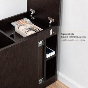 May include: A dark wood storage cabinet with a hinged top lid revealing a beige velvet jewelry organizer containing a watch and bracelets. The cabinet features an open side shelf and a metal mechanism for an optional side hidden-compartment lock.