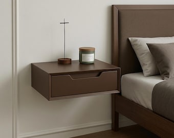 Mesa de cabeceira flutuante Japandi, mesa de cabeceira de parede com gaveta, decoração de quarto Wabi Sabi, mesa de cabeceira minimalista, armazenamento de quarto em tons quentes