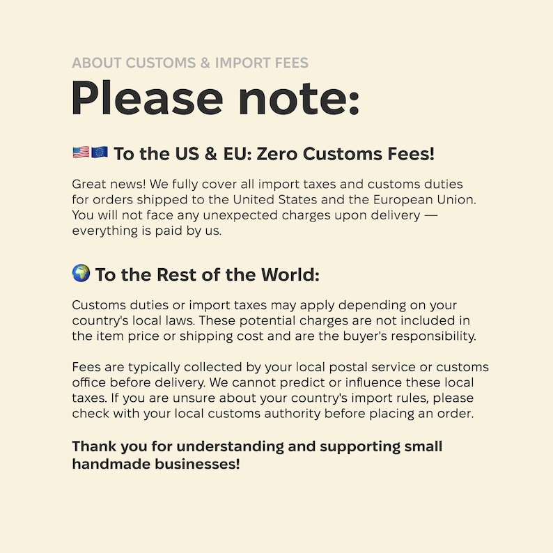 May include: An informational graphic on a cream background with dark text titled About Customs & Import Fees. It states that orders to the US and EU have zero customs fees, while orders to the rest of the world may incur local import taxes.