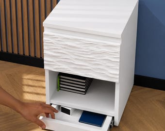 Mesita de noche escultural con caja fuerte oculta, frontal de MDF texturizado en blanco y negro, cajón con cerradura RFID, mesa auxiliar de diseño para dormitorio.