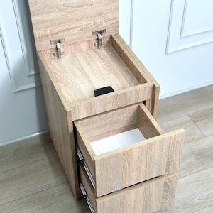 Può includere: Un mobile contenitore con finitura effetto legno di rovere chiaro, dal design verticale con coperchio incernierato superiormente che rivela uno scomparto e due cassetti inferiori estraibili con guide metalliche e un fermo nero.