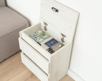 Compact Modern Nightstand with Safe Lock, Hidden Drawer Bedside Table, Minimalist Furniture for Small Bedroom, Christmas gift for girlfriend