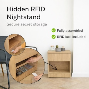 Pode incluir: Uma mesa de cabeceira em carvalho claro com fechadura RFID oculta para armazenamento seguro. A mesa de cabeceira tem uma prateleira aberta e uma gaveta. O texto na imagem diz "Hidden RFID Nightstand" e "Secure secret storage."