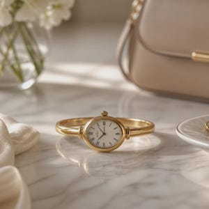 Peut inclure: Une montre bracelet rigide dorée avec un boîtier rond, un cadran blanc, des aiguilles noires et des chiffres romains noirs. La montre présente une finition métallique polie et un bracelet fin et continu relié directement au boîtier.