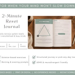 May include: An open journal with the title "2-Minute Reset Journal" and the text "For when your mind won't slow down." The journal features a 4-4-6 breathing exercise diagram. The journal promises daily nervous system resets for overwhelmed and busy minds.